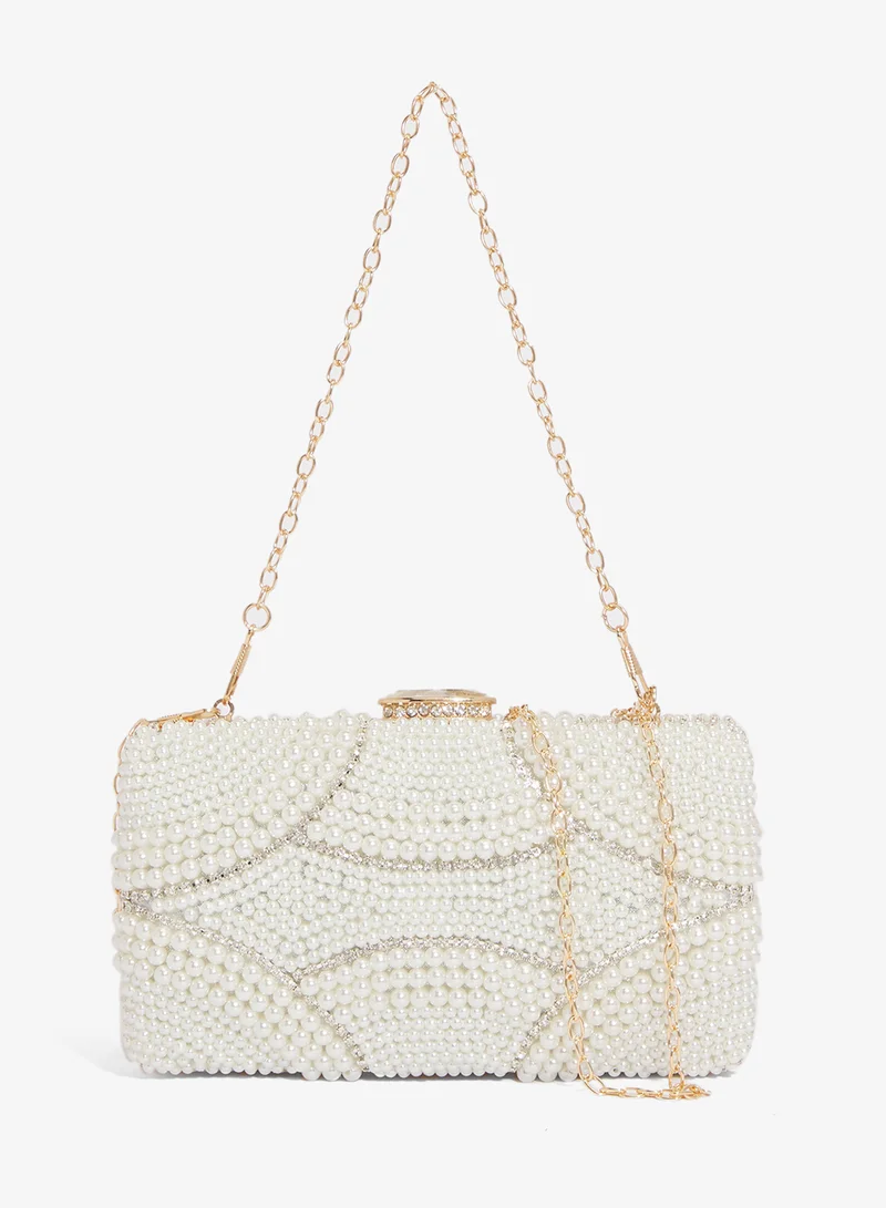 خزانة Pearl Detailed Embellished Gold Accent Clutch
